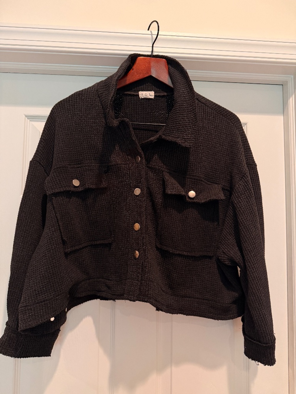 POL Women's Black Waffle Knit Jacket Oversized Boxy Fit Large